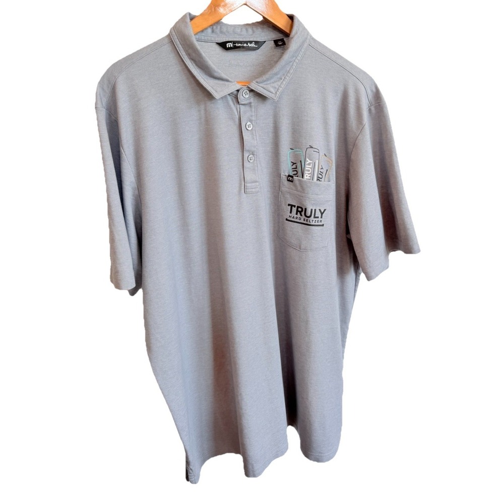 Travis Mathew Polo Shirt Mens SZ XXL Gray Truly Hard Seltzer Graphic Pocket Golf